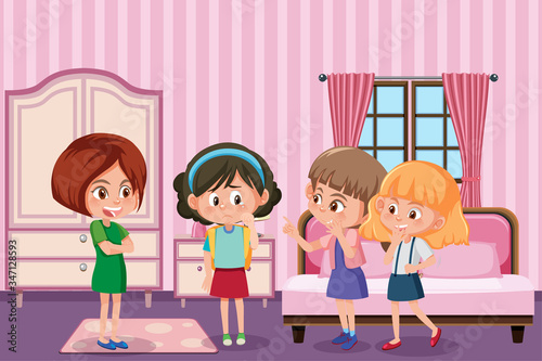 Scene with girl gossiping freinds in the room