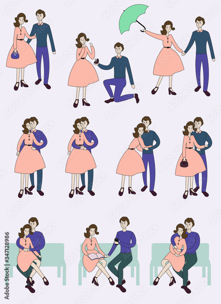 Vector couple walking Romantic date Vector people hugs Making proposal Man and woman love story hand drawn illustrations set