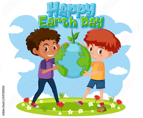 Earth day poster template with happy boys in the park