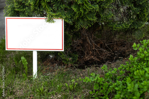 white blank sign stuck in the ground on the park lawn