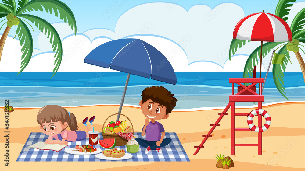 Scene with kids having picnic on the beach