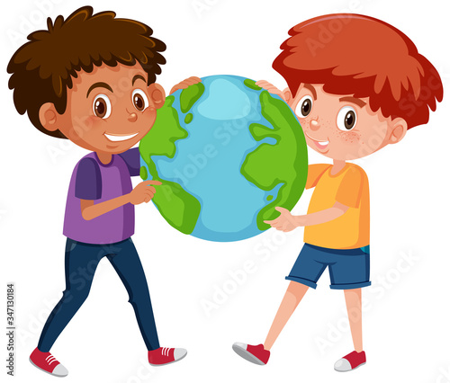 Two happy boys holding the globe on white background