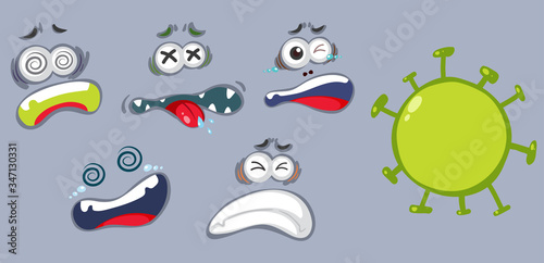 Set of virus cell and different facial expressions