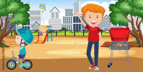 Background scene with kids playing in the park