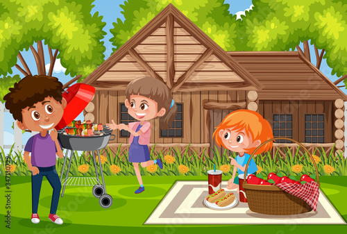 Background scene with kids eating in the park
