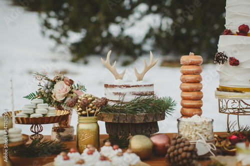 Wedding candy table. Wedding winter cake in the snow. Close up.