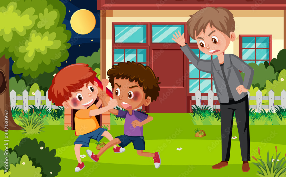 Scene with adult stopping the fight between boys Scene with adult stopping the fight between boys