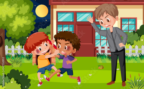 Scene with adult stopping the fight between boys