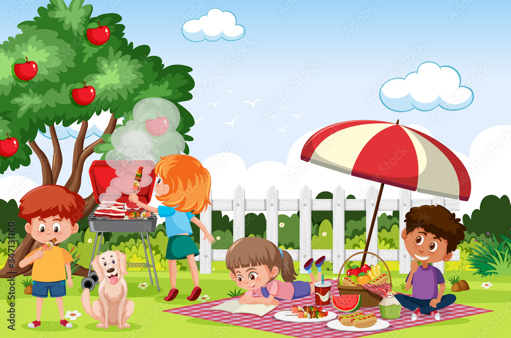 Scene with happy children eating in the park