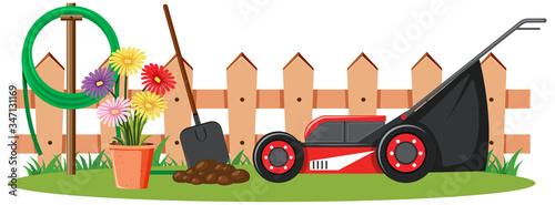 Scene with lawnmower in the garden