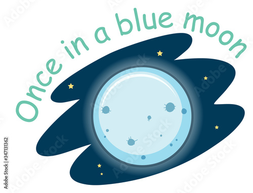 English idiom with picture description for once in a blue moon on white background