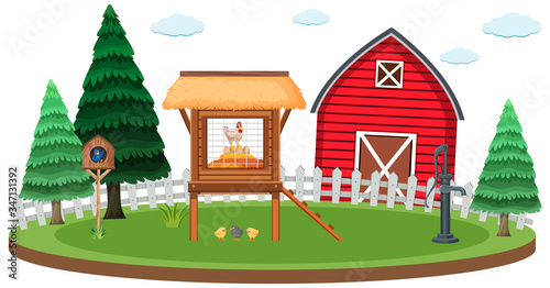 Farm scene with chicken coop and barn