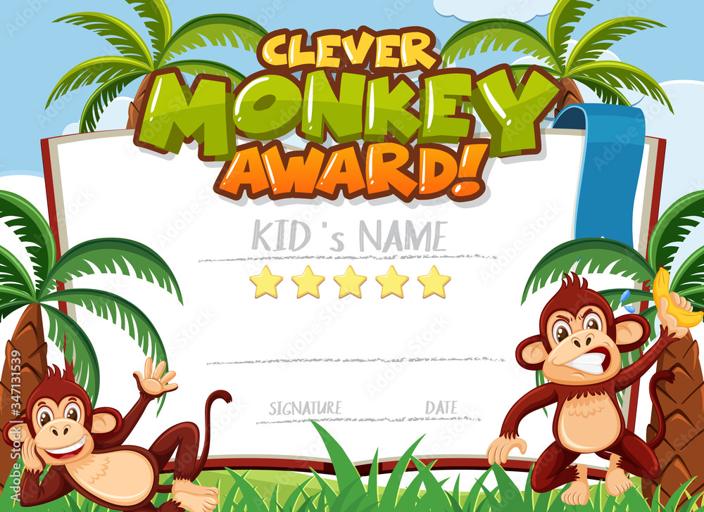 Naklejka premium Certificate template design for clever monkey award with monkeys in background