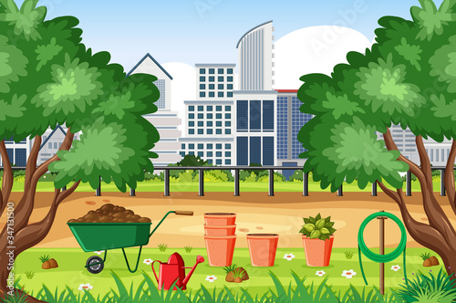 Background scene with city buildings and gardening tools