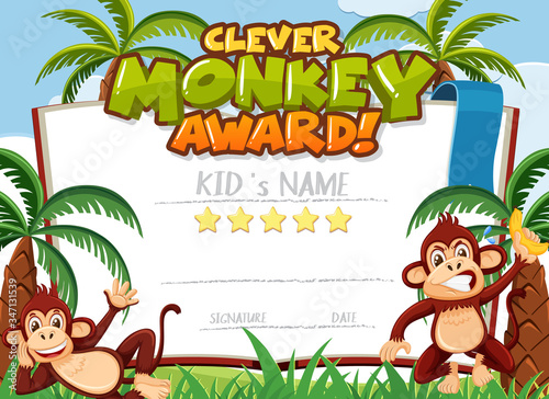 Certificate template design for clever monkey award with monkeys in background