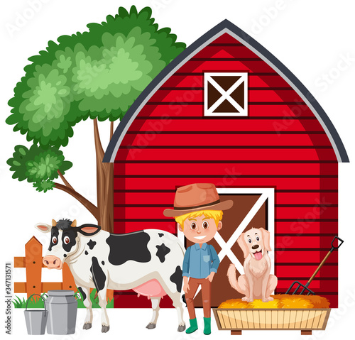 Scene with farmer and animals on the farm