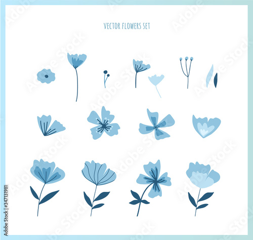 Vector set of different blue flowers and leaves in modern flat style. All elements are isolated. © Marina