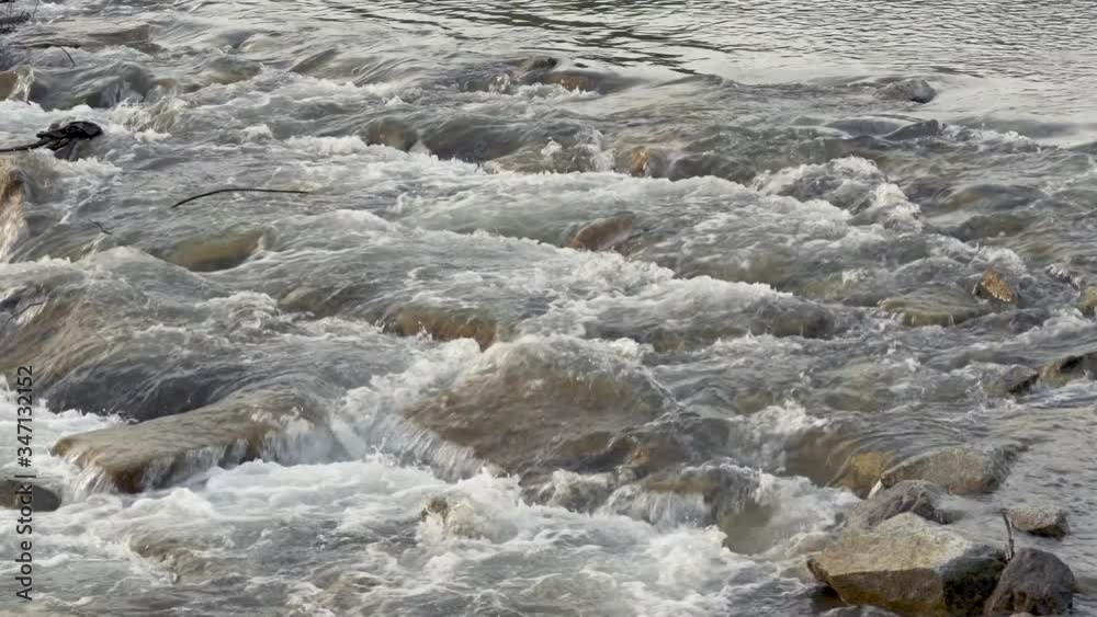 Water flowing rapidly over rocks in shallow river, forming white waves over stones Water flowing rapidly over rocks in shallow river, forming white waves over stones