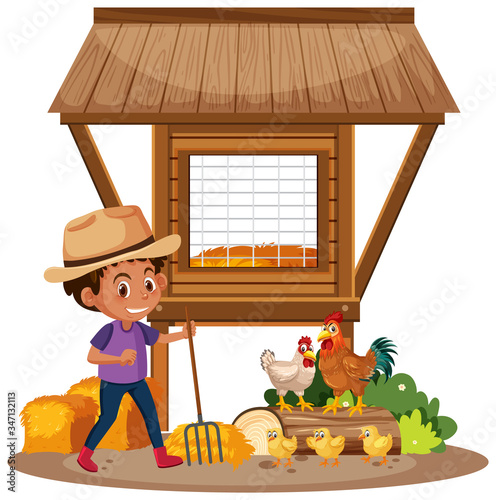 Farmer and chickens on the farm