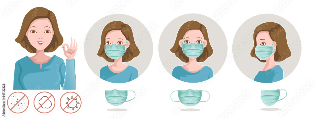 Fototapeta premium Mark protective. Woman pretending hands ok. Covered a variety of face masks, side, front, oblique. Wear protective mask against infectious diseases and flu. Stop the infection. Health care concept. 
