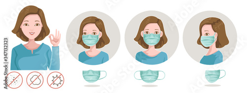 Mark protective. Woman pretending hands ok. Covered a variety of face masks, side, front, oblique. Wear protective mask against infectious diseases and flu. Stop the infection. Health care concept. 