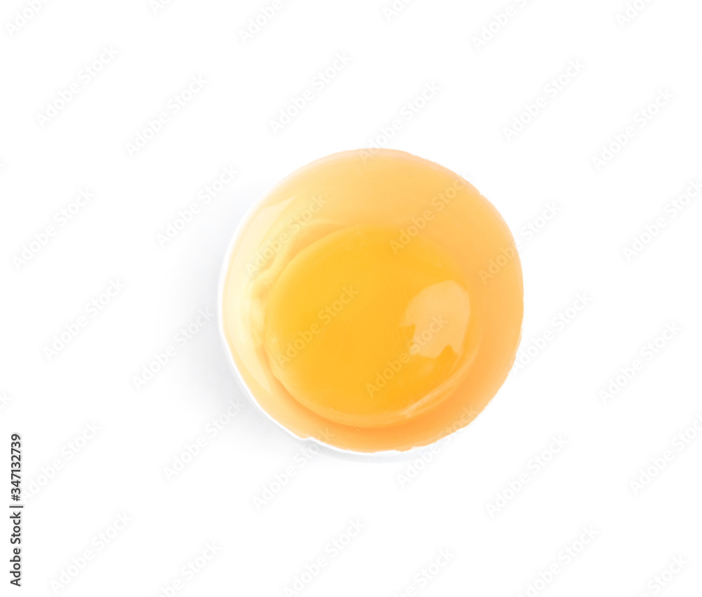 Broken raw chicken egg isolated on white, top view