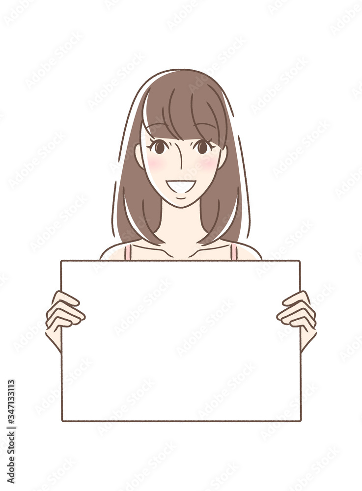 笑顔でフリップを持つ正面向きの女性 笑顔でフリップを持つ正面向きの女性