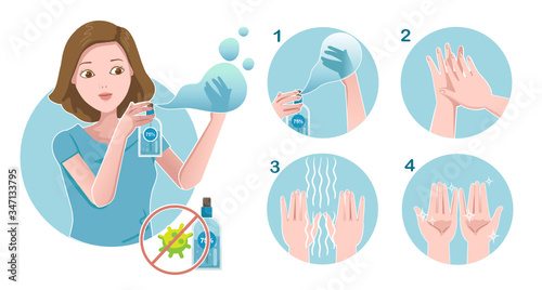 Hand washing alcohol spray. How to step by step. Protect hands against infection, prevent contamination and spread of viruses and bacteria. Prevention of epidemics and Coronary Syndrome or COVID-19