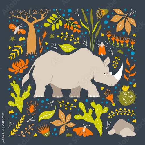 Rhinoceros surrounded by herbs, leaves and flowers. Colorful poster with a rhino in the savannah. Vector illustration. Hand-drawn African rhino. Poster for a nursery in a childish style.
