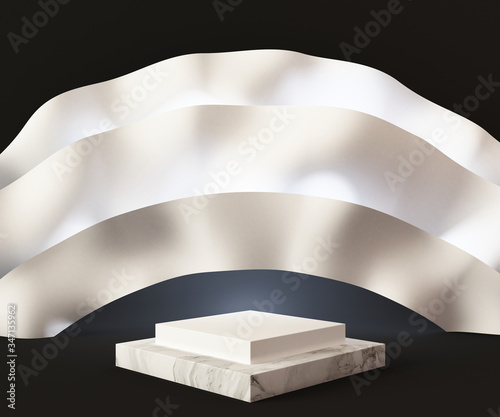 3D Rendering - Illustration white marble pedestal isolated on black background, modern minimal concept, empty stage, abstract geometry shape pastel color, Cosmetic background for product presentation.