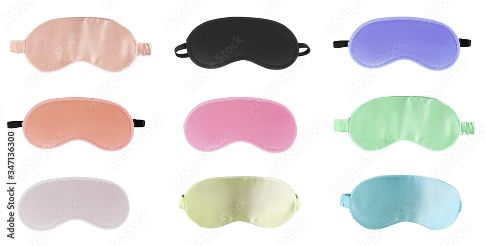 Set of different sleeping eye masks on white background, top view. Bedtime Set of different sleeping eye masks on white background, top view. Bedtime