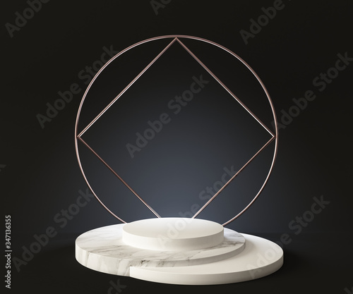 3D Rendering - Illustration white marble pedestal isolated on black background, modern minimal concept, empty stage, abstract geometry shape pastel color, Cosmetic background for product presentation.