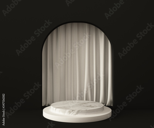 3D Rendering - Illustration white marble pedestal isolated on black background, modern minimal concept, empty stage, abstract geometry shape pastel color, Cosmetic background for product presentation.