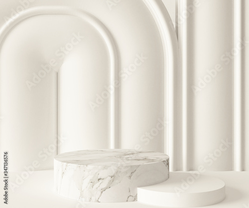 3D Rendering - Illustration white marble pedestal isolated on white background, modern minimal concept, empty stage, abstract geometry shape pastel color, Cosmetic background for product presentation.
