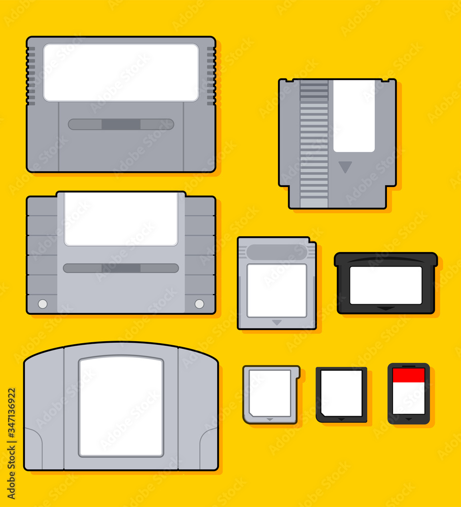 Vetor de Collection of game cartridges. Set of game cartridges concept