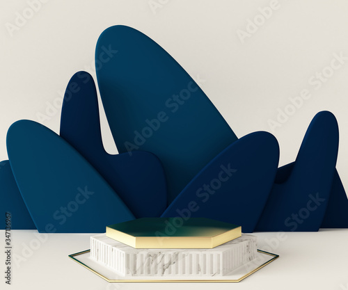 3D Rendering - Illustration white marble pedestal isolated on white background, modern minimal concept, empty stage, abstract geometry shape pastel color, Cosmetic background for product presentation.