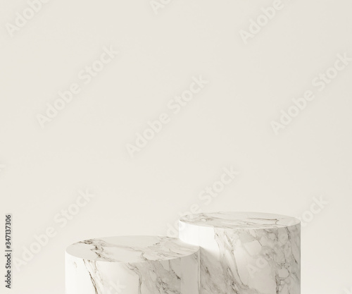3D Rendering - Illustration white marble pedestal isolated on white background, modern minimal concept, empty stage, abstract geometry shape pastel color, Cosmetic background for product presentation.