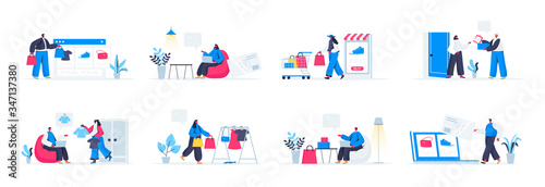 Bundle of shoppers scenes. Shopper carry shopping bags  online order and purchase delivery at home  internet commerce flat vector illustration. Bundle of shopping people characters in situations.