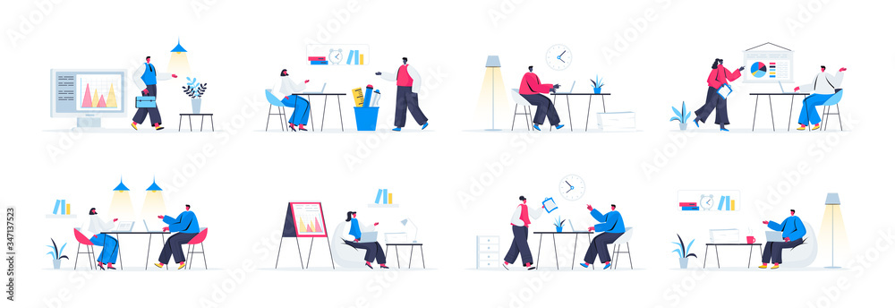 Bundle of office management scenes. Businesspersons cooperation at workplace, partnership and team management flat vector illustration. Bundle of office life with people characters in situations.