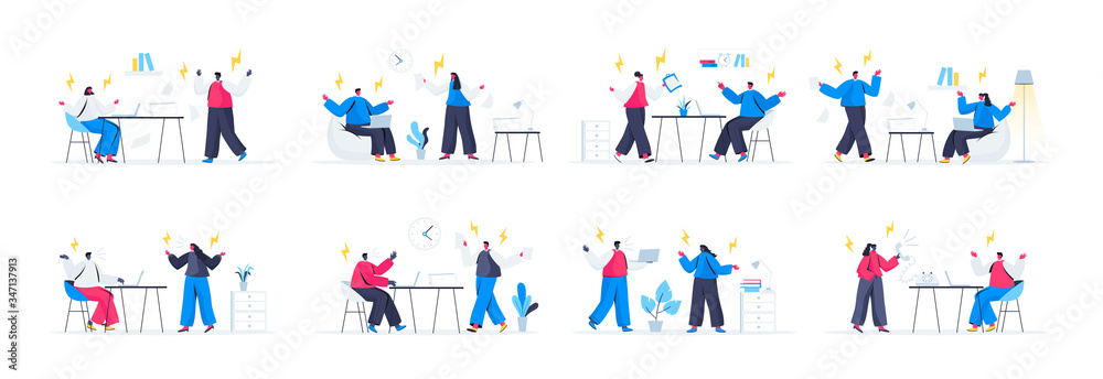 Bundle of people confrontation scenes. Conflict and disagreement at work, people shouting each over, couple arguing and yelling flat vector illustration. Bundle of with people characters in situations
