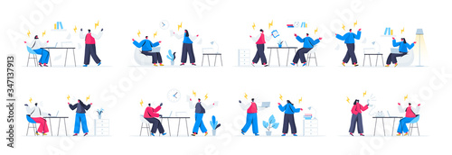 Bundle of people confrontation scenes. Conflict and disagreement at work, people shouting each over, couple arguing and yelling flat vector illustration. Bundle of with people characters in situations