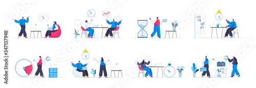 Bundle of deadline scenes. Effective time management and productivity, stressful situation and overtime work flat vector illustration. Bundle of time limit with people characters in situations.