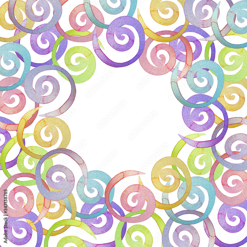 Rainbow spirals frame. Round hand drawn border on white Background. Watercolor illustration. Empty template for postcard, photo, light, text. For scrapbooking, party decor, kids creativity