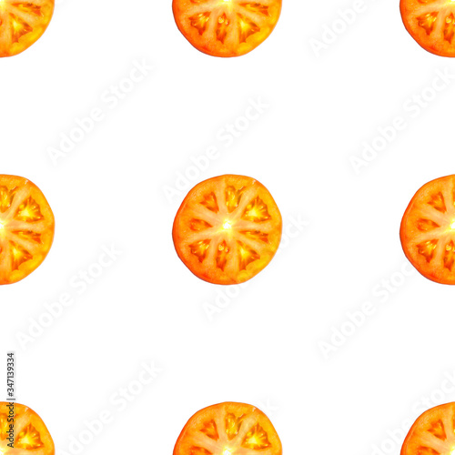Seamless endless pattern of slices of juicy ripe red tomato. Design for wrapping paper, fabric and wallpaper.