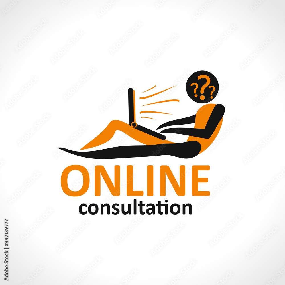 Online consultation. Vector logo icon man with a laptop. Life is online.
