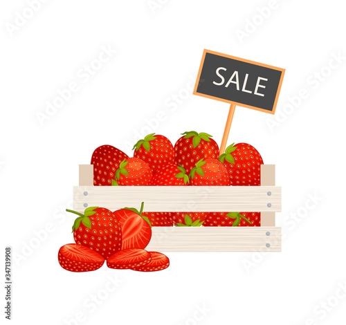 Strawberry in a wooden box with a sign for the price. Selling organic farm-grown organic vegetables. Vector illustration on the theme of harvest, festivals and fairs.