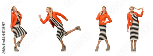 Young woman in long striped dress isolated on white