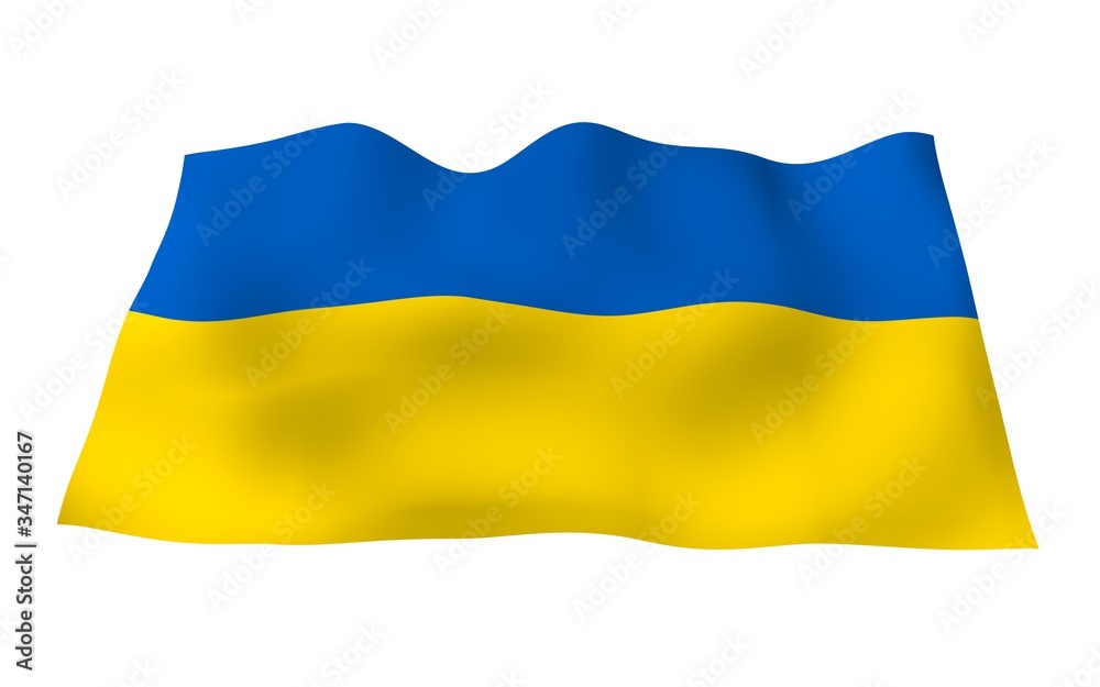 The flag of Ukraine on a white background. National flag and state ensign. Blue and yellow bicolour. 3D illustration waving flag The flag of Ukraine on a white background. National flag and state ensign. Blue and yellow bicolour. 3D illustration waving flag