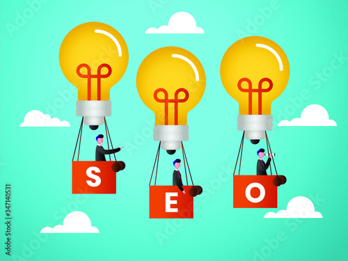 Search Engine Optimization vector concept: Businessmen wearing black suits flying with a SEO light bulb balloons over blue sky