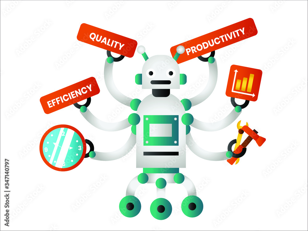 The benefits of RPA vector concept:  Multitasking robot with six hands  holding the signs, clock, and mechanic tools